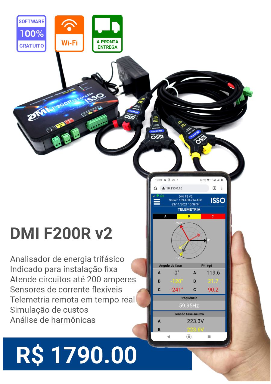 Analisador de energia DMI, medição de consumo, fator de potência, harmônicas. SAG e SWELL 