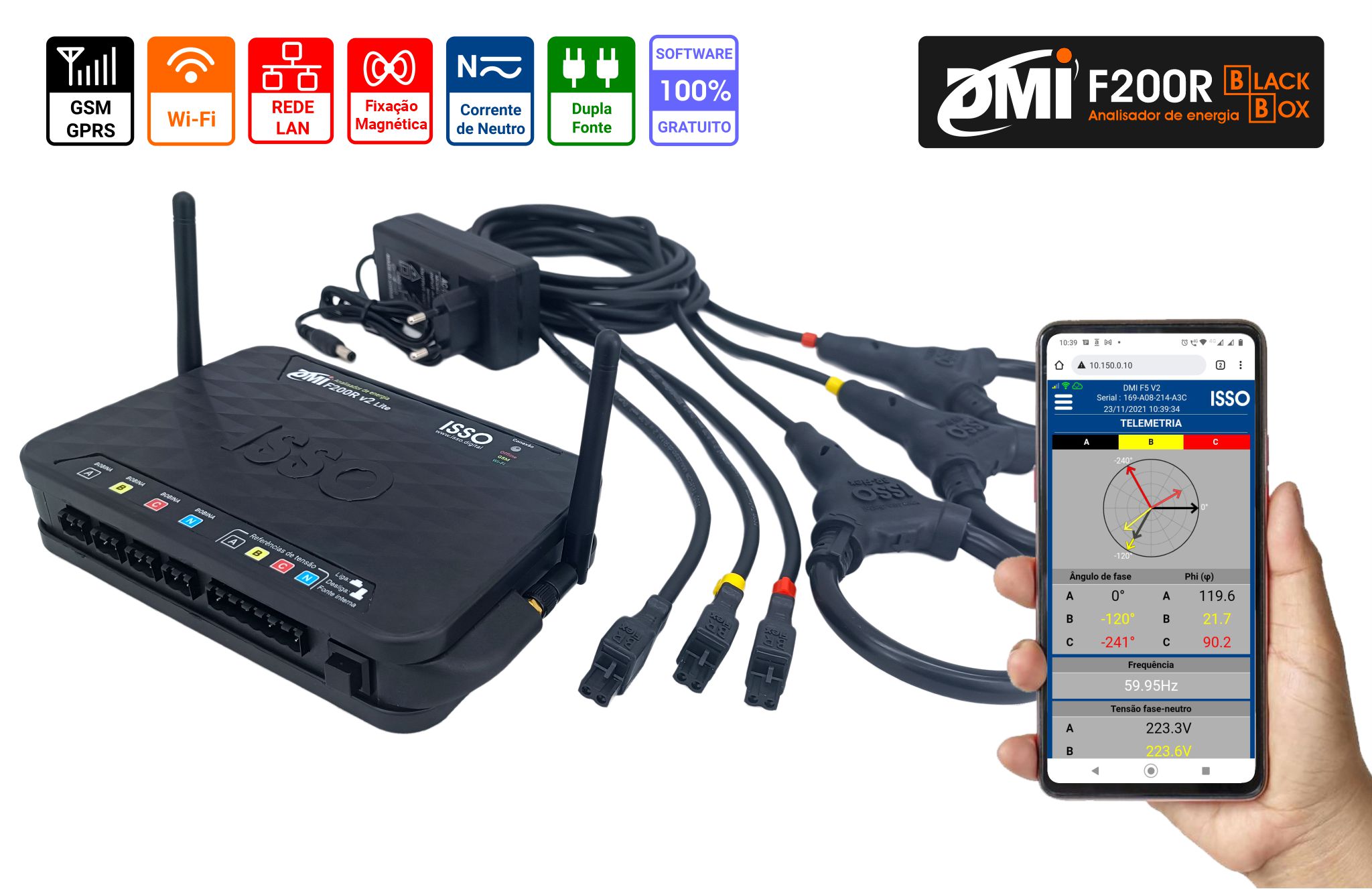 Analisador de energia DMI F200R Black Box Bidirecional, conexão Wifi, sensores de corrente flexíveis, kwh, kvar, harmônicas 
